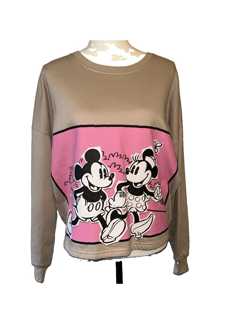 Disney Mickey Minnie Mouse Sweatshirt Womens XL Pink Tan Graphic Semi Crop Retro